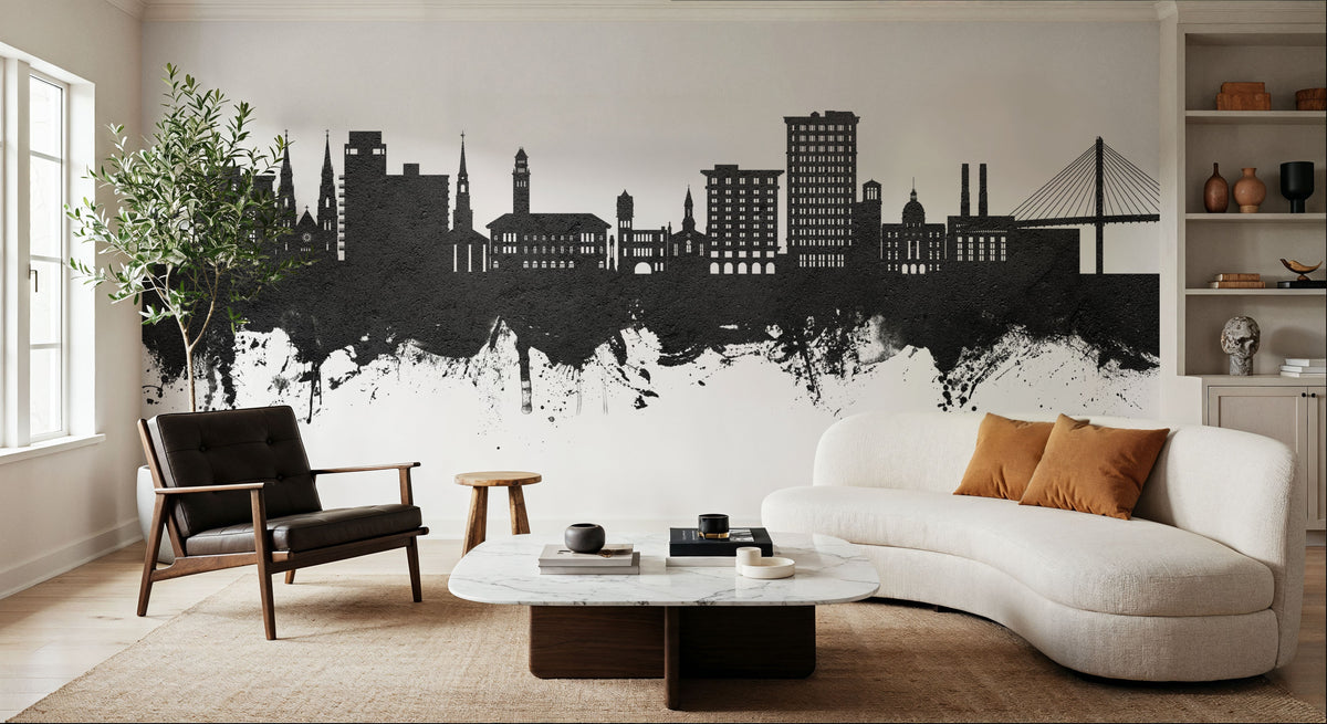Savannah Georgia Skyline Black & White Mural Wallpaper - room preview 04