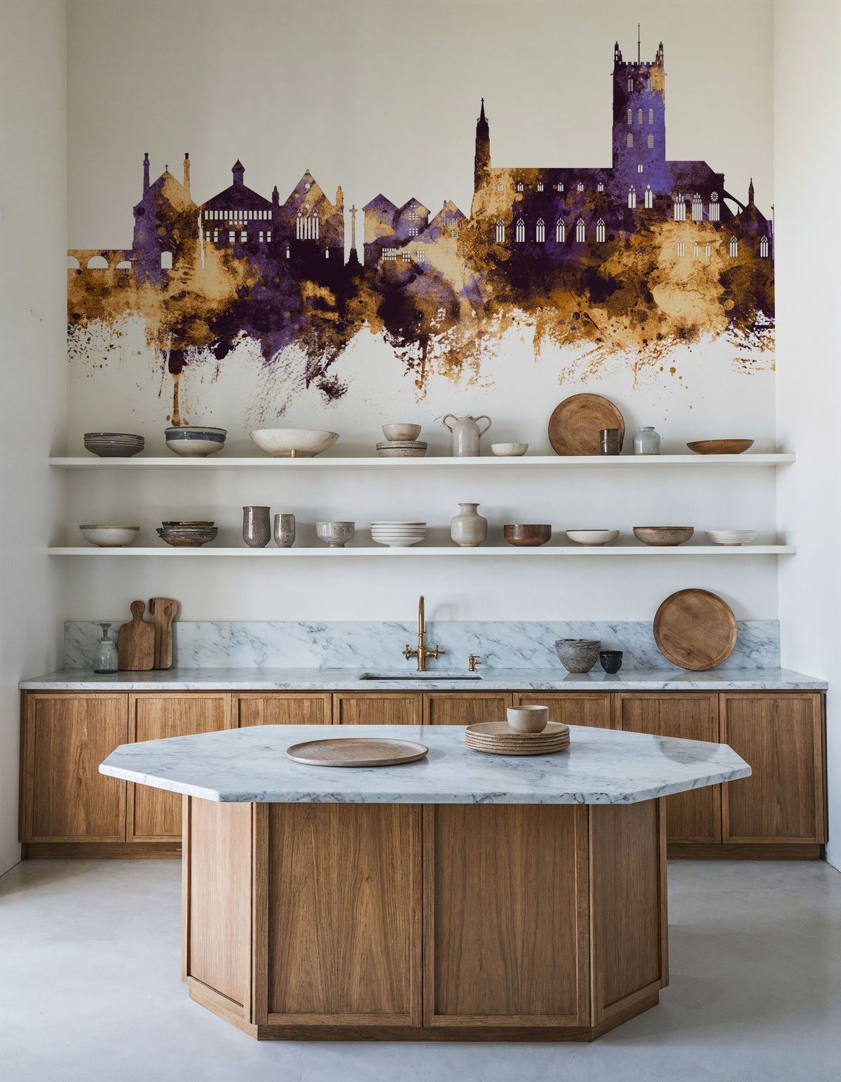 Tewkesbury England Skyline Purple & Gold Mural Wallpaper - room preview 04