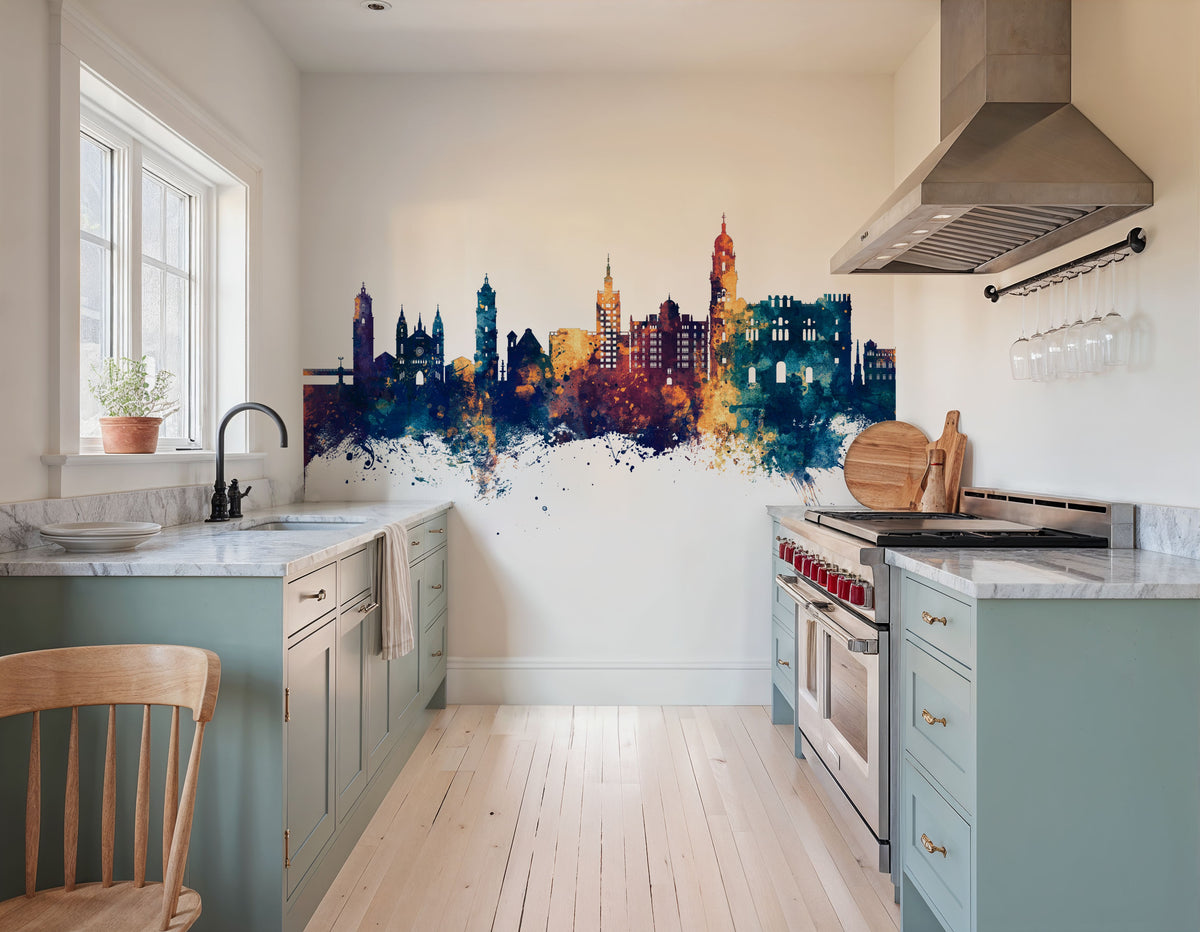 Málaga Spain Skyline Blue & Bronze Mural Wallpaper - room preview 04