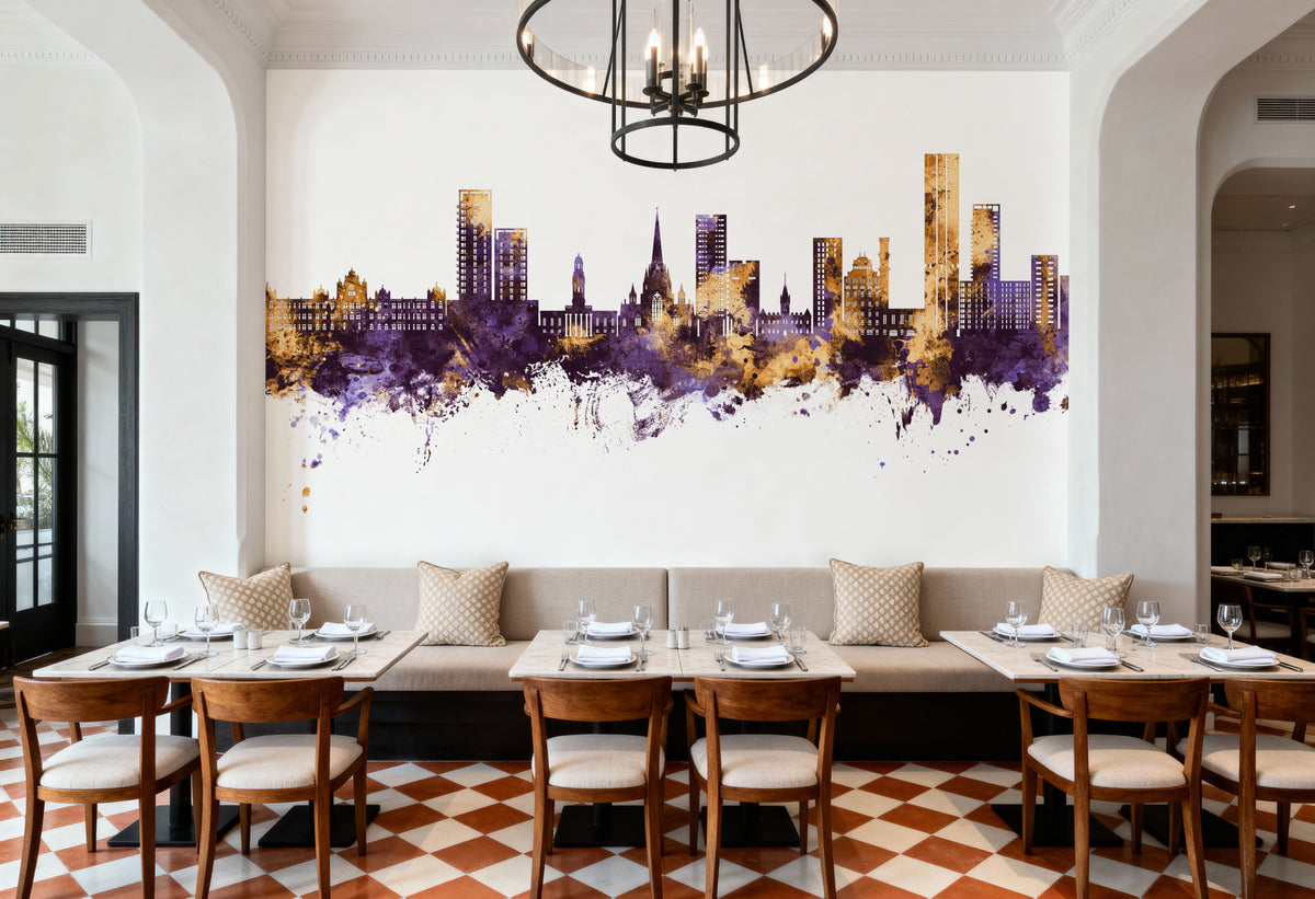 Salford England Skyline Purple & Gold Mural Wallpaper - room preview 04