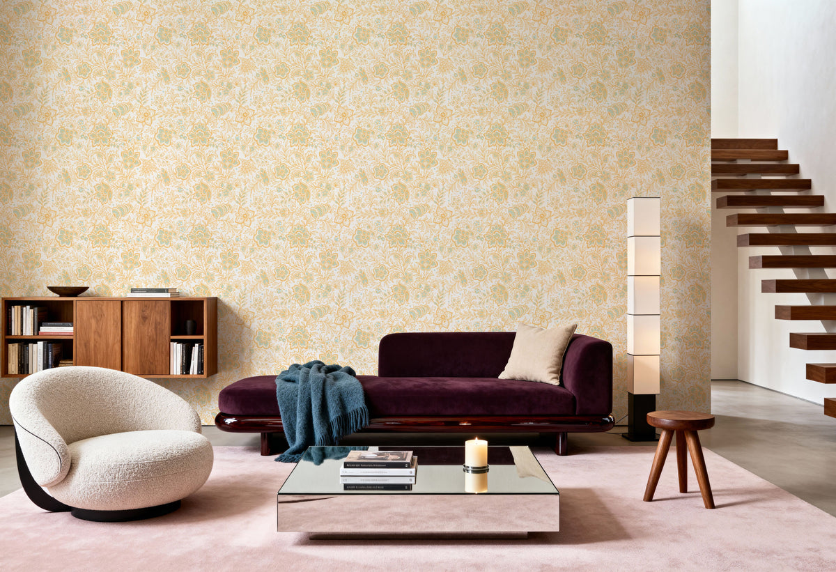 Kala Flowers Yellow on White Mural Wallpaper - room preview 04