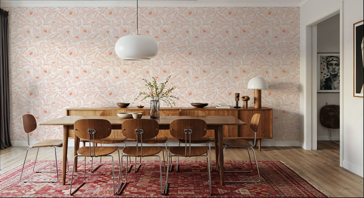 Hidden Peonies, Orange on White Mural Wallpaper - room preview 04