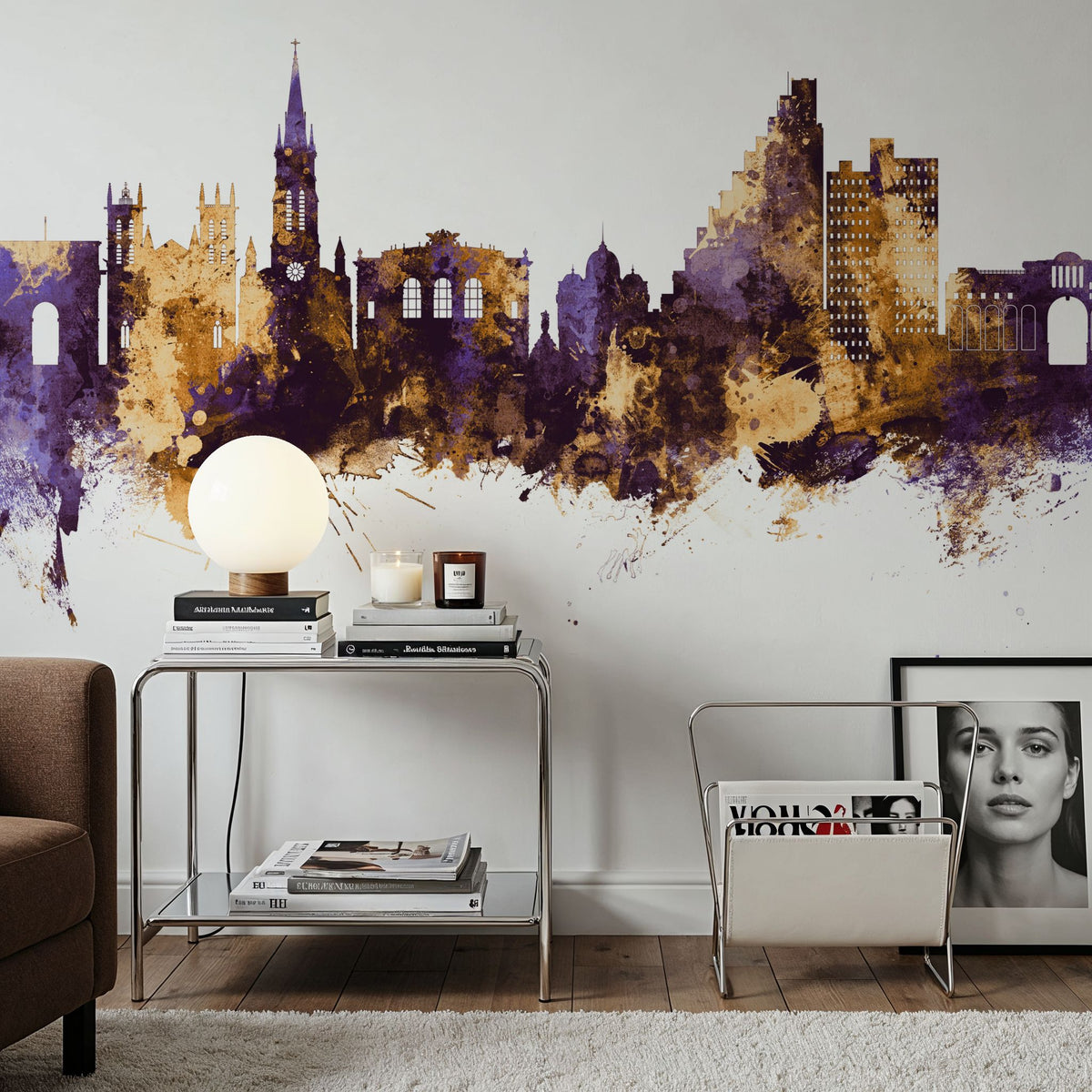 Montpellier Skyline Purple & Gold Mural Wallpaper - room preview 04
