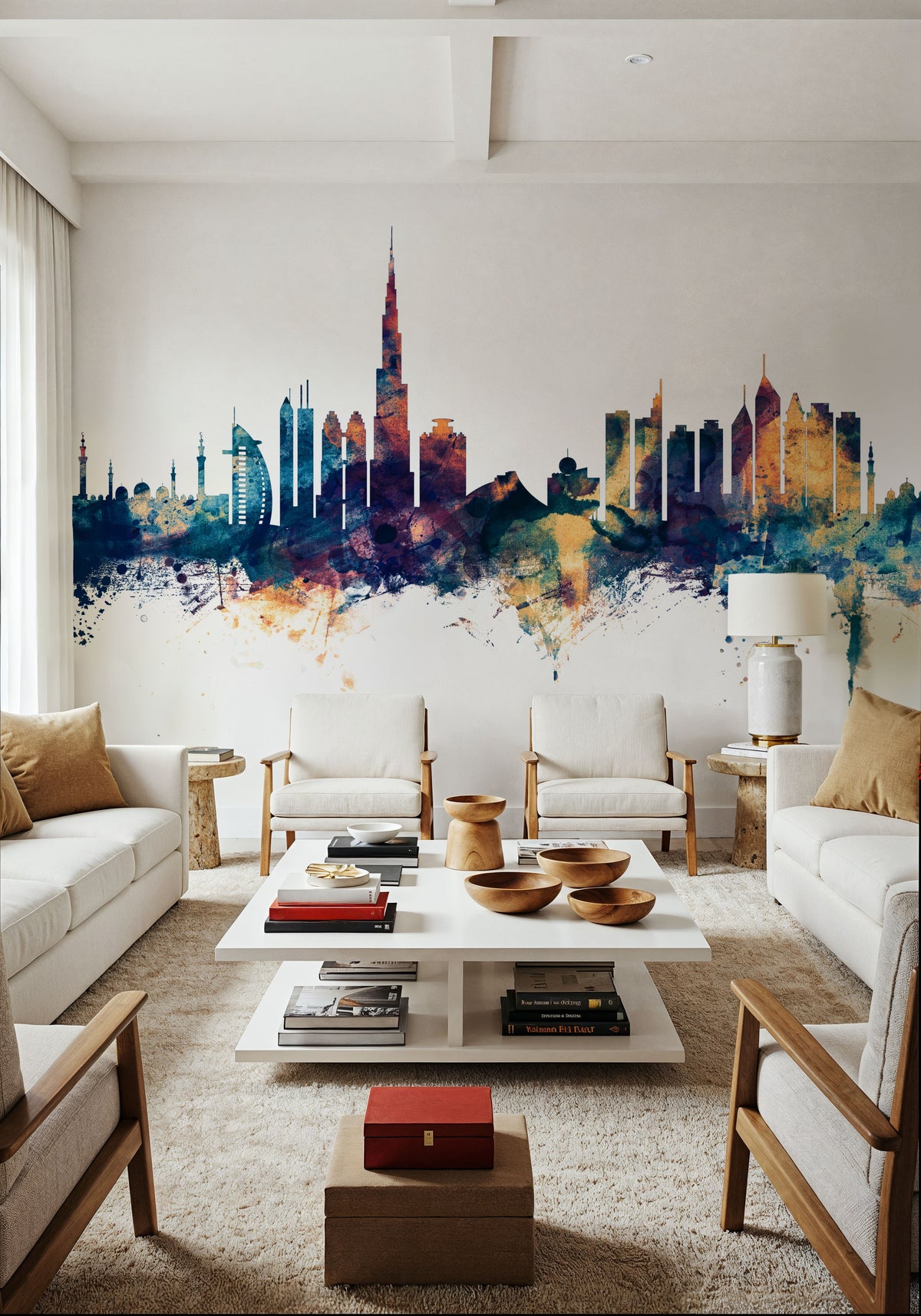Dubai Skyline Blue & Bronze Mural Wallpaper - room preview 04