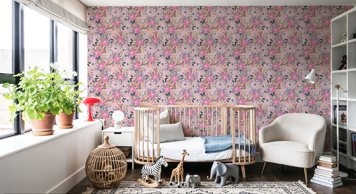 Pink Floral Fireworks Mural Wallpaper - room preview 04