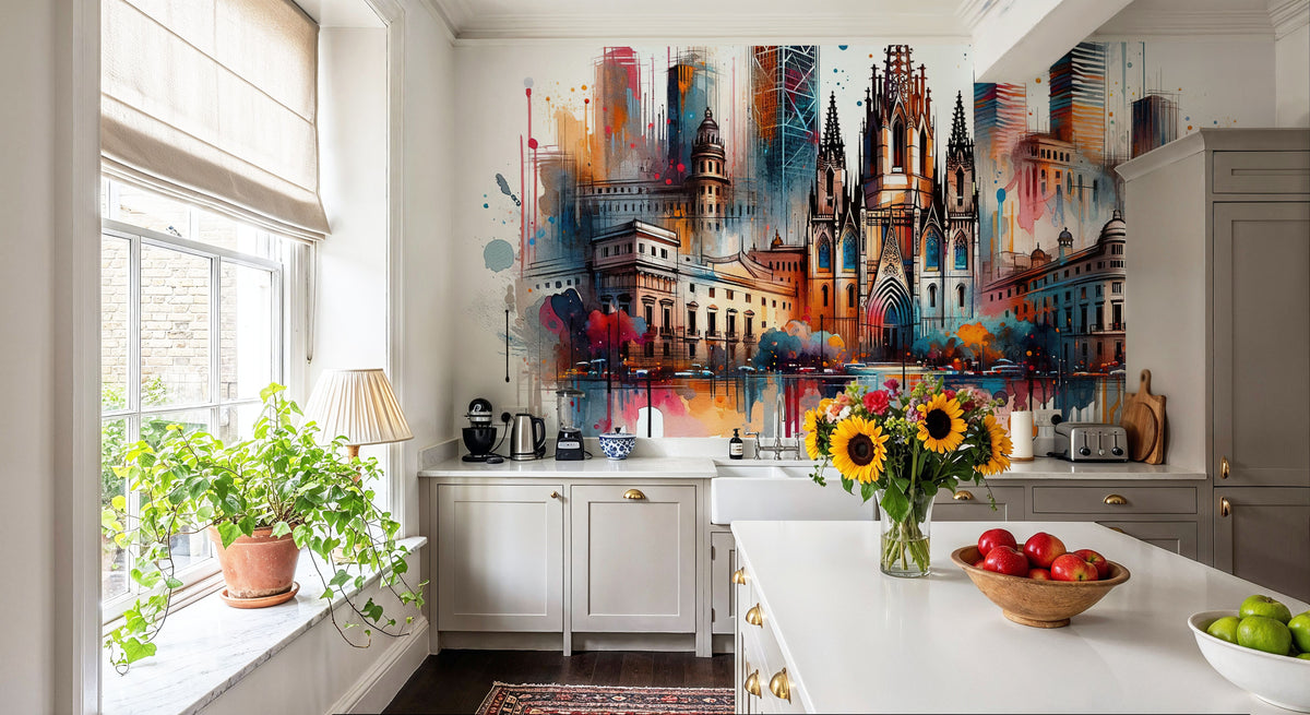 Watercolor Skyline Barcelona II Mural Wallpaper - room preview 04