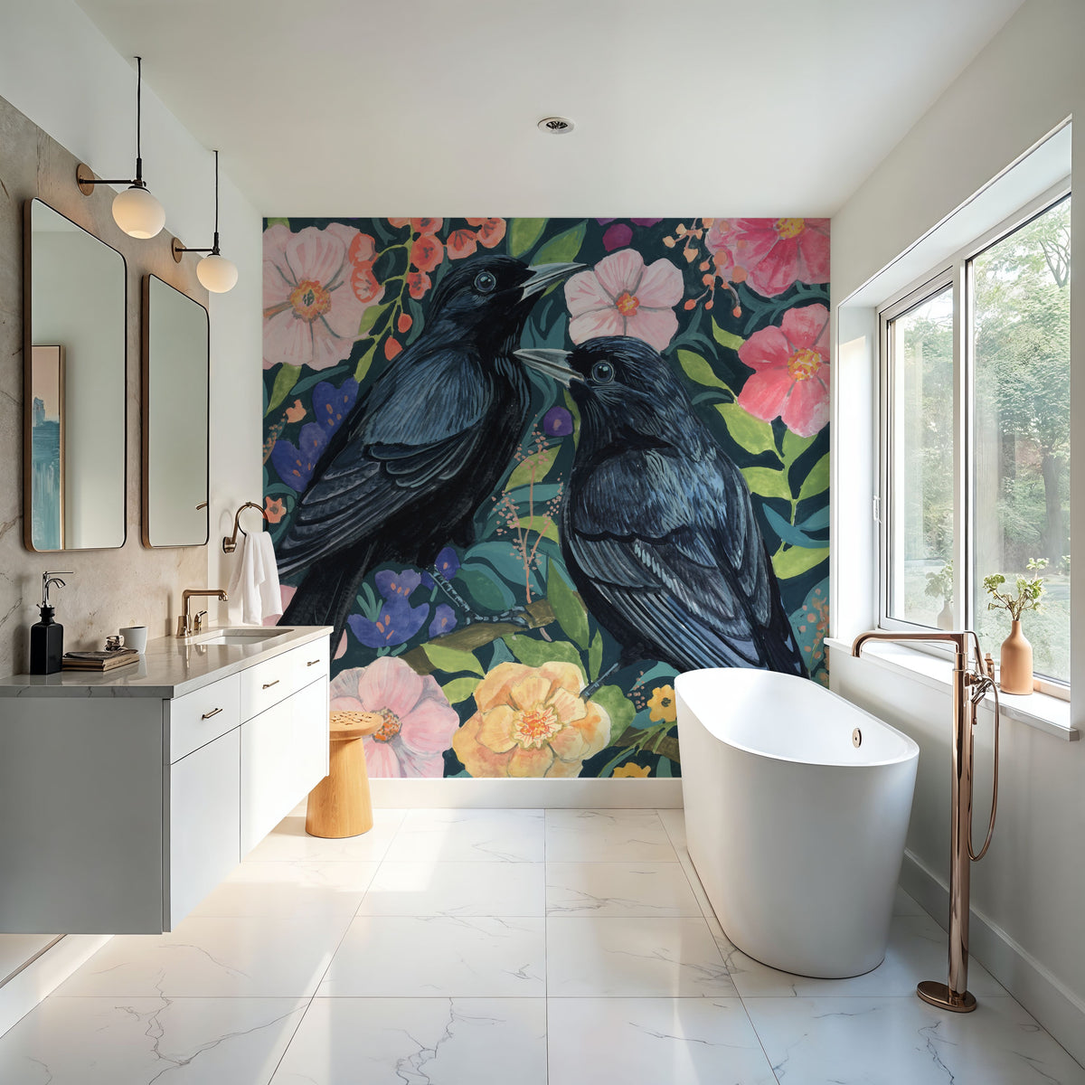 Two Crows on Flowers Mural Wallpaper - room preview 04
