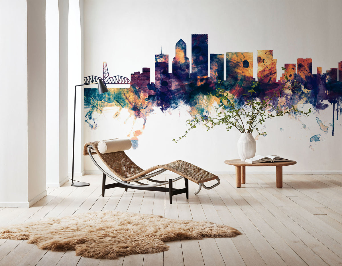 Portland Oregon Skyline Blue & Bronze Mural Wallpaper - room preview 04