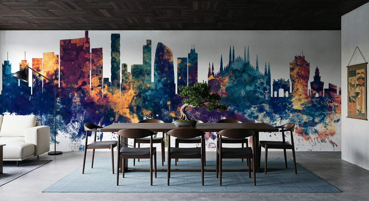 Milan Italy Skyline Blue & Bronze Mural Wallpaper - room preview 04
