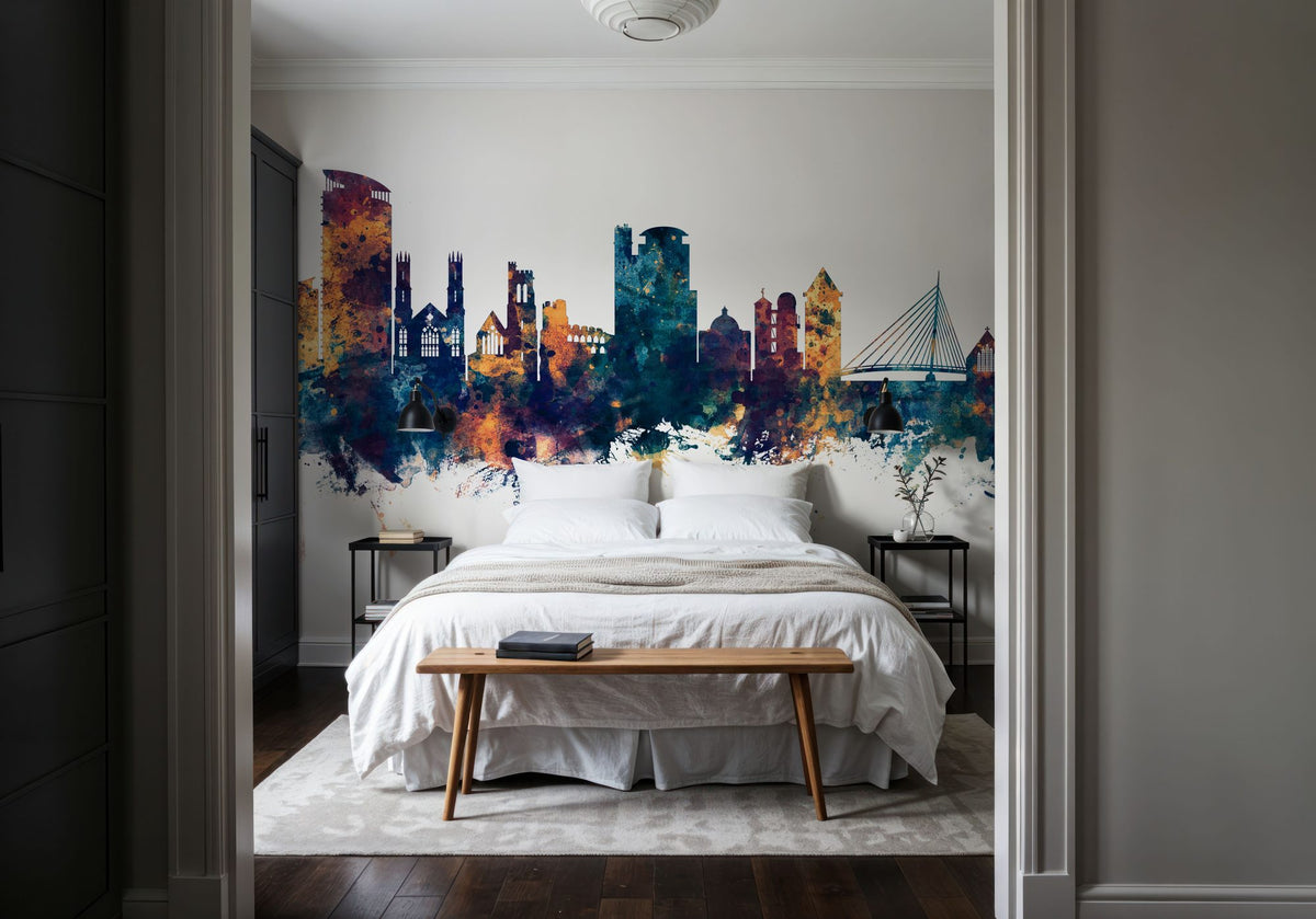 Swansea Wales Skyline Blue & Bronze Mural Wallpaper - room preview 04