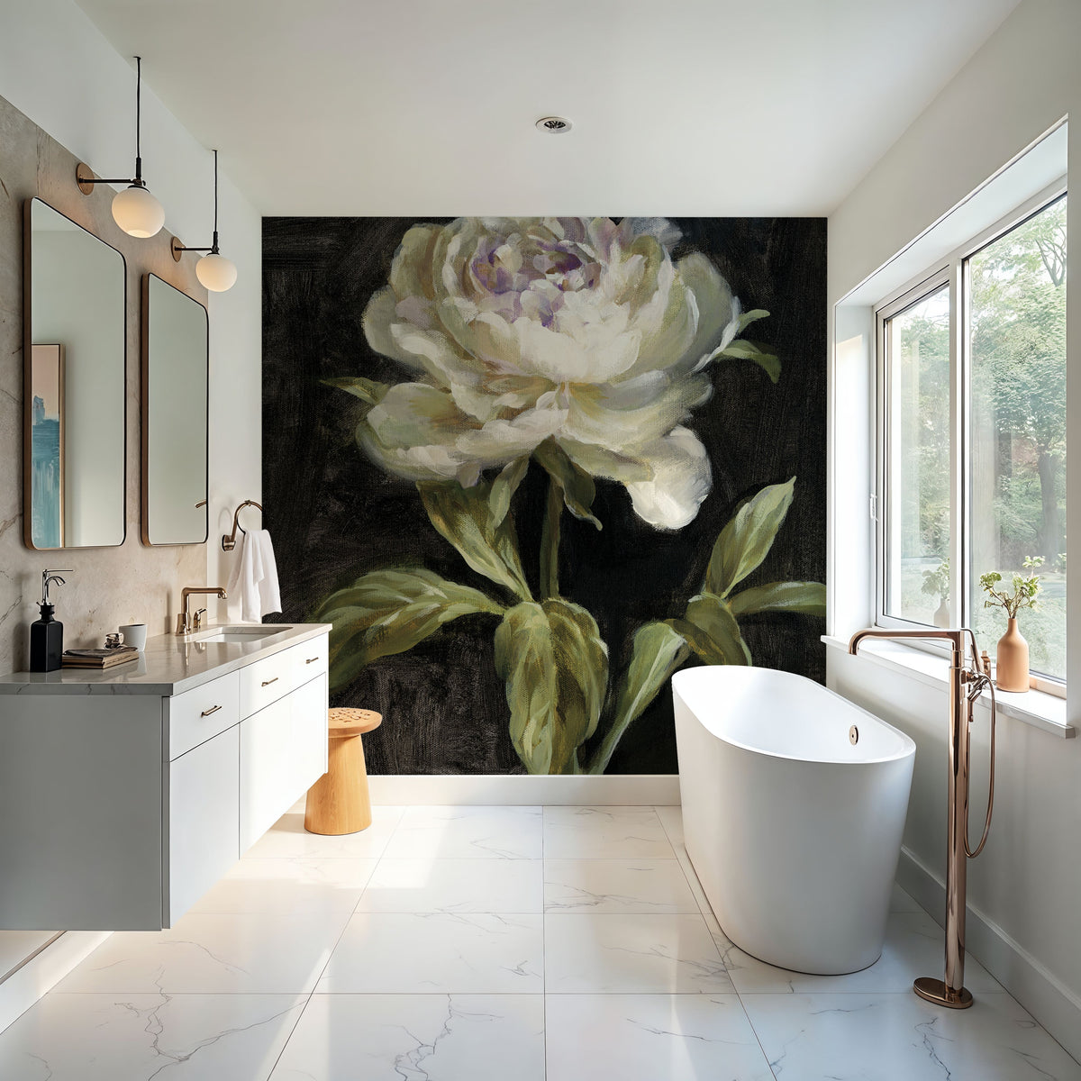 Peony on Black Mural Wallpaper - Neutral Tone - room preview 04