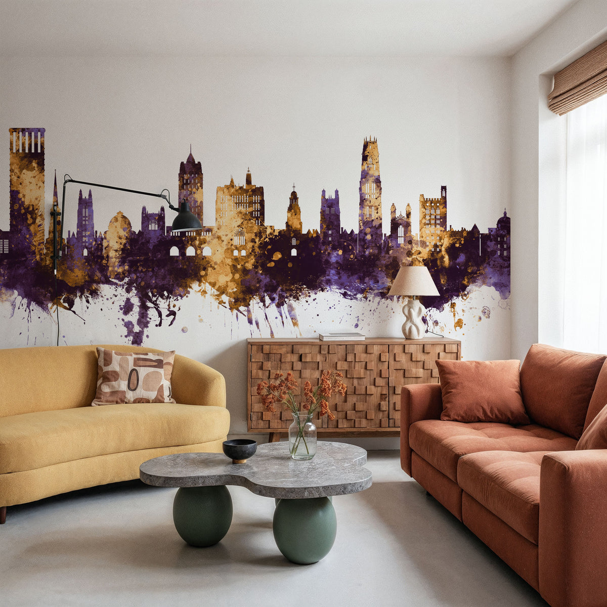 New Haven Connecticut Skyline Purlpe & Gold Mural Wallpaper - room preview 04
