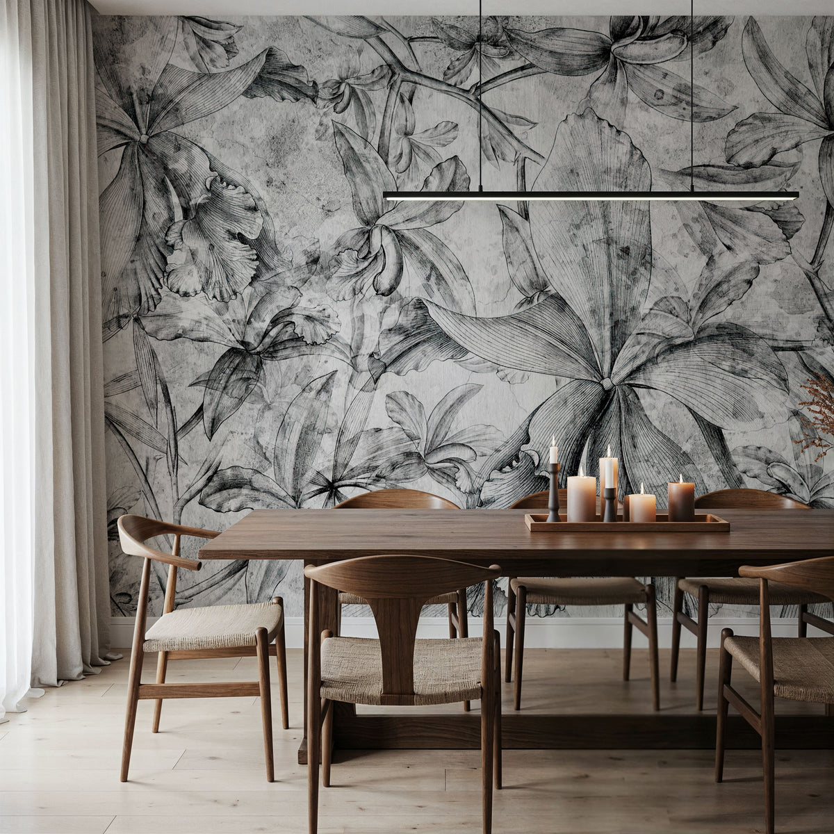 Orchids Sketch Mural Wallpaper - Neutral Tone - room preview 04