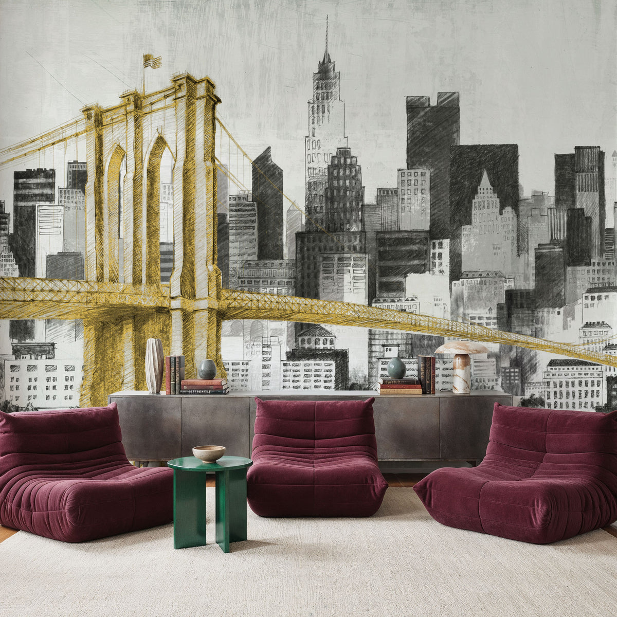 New York Skyline I Yellow Bridge No Words Mural Wallpaper - room preview 04