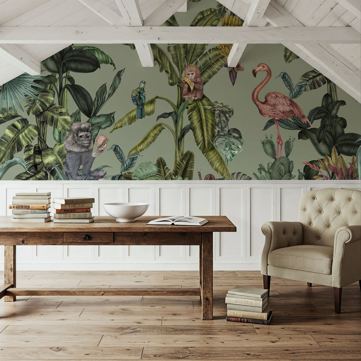 Monkeys with Birds, Pistachio Mural Wallpaper - room preview 04
