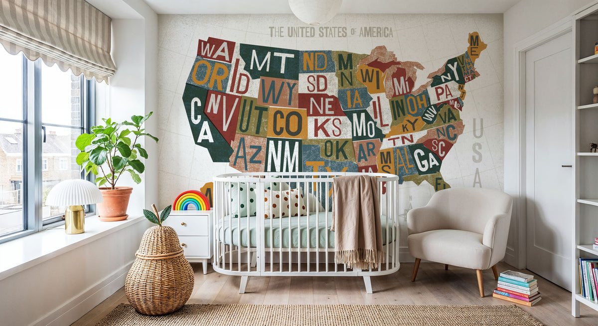 Letterpress USA Map Warm Mural Wallpaper - room preview 04