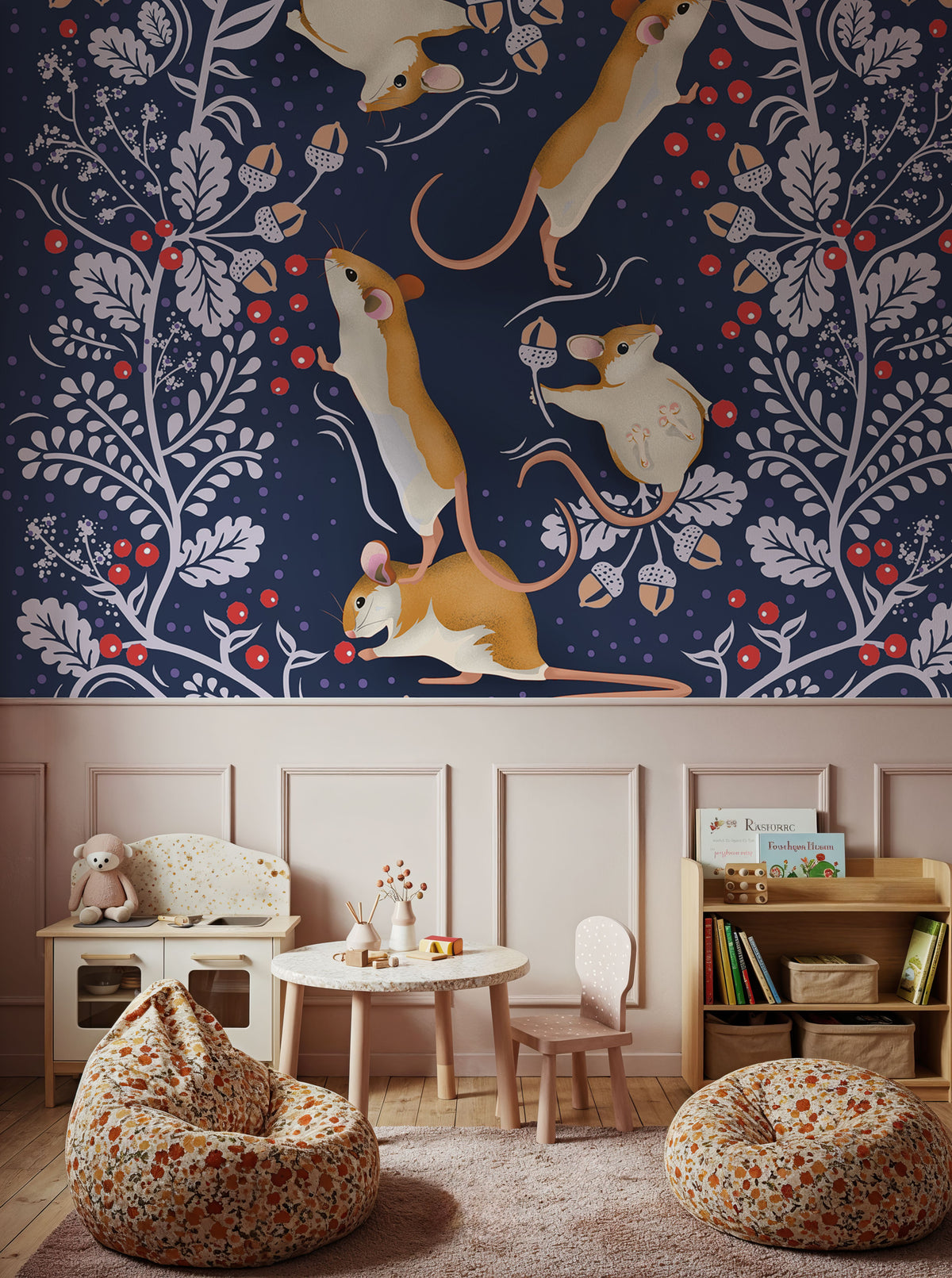Holiday Mice, Blue Mural Wallpaper - room preview 04
