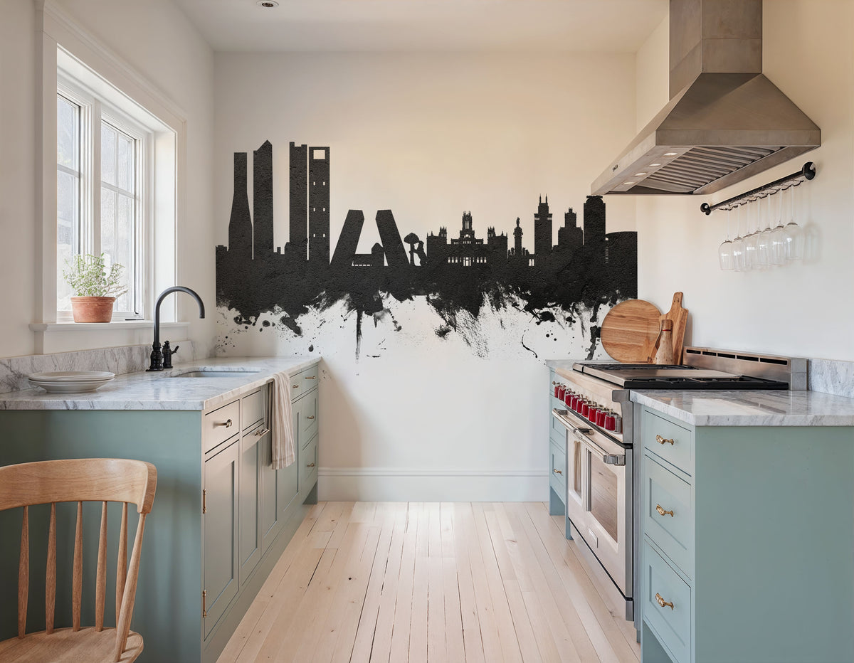 Madrid Skyline Black & White Mural Wallpaper - room preview 04
