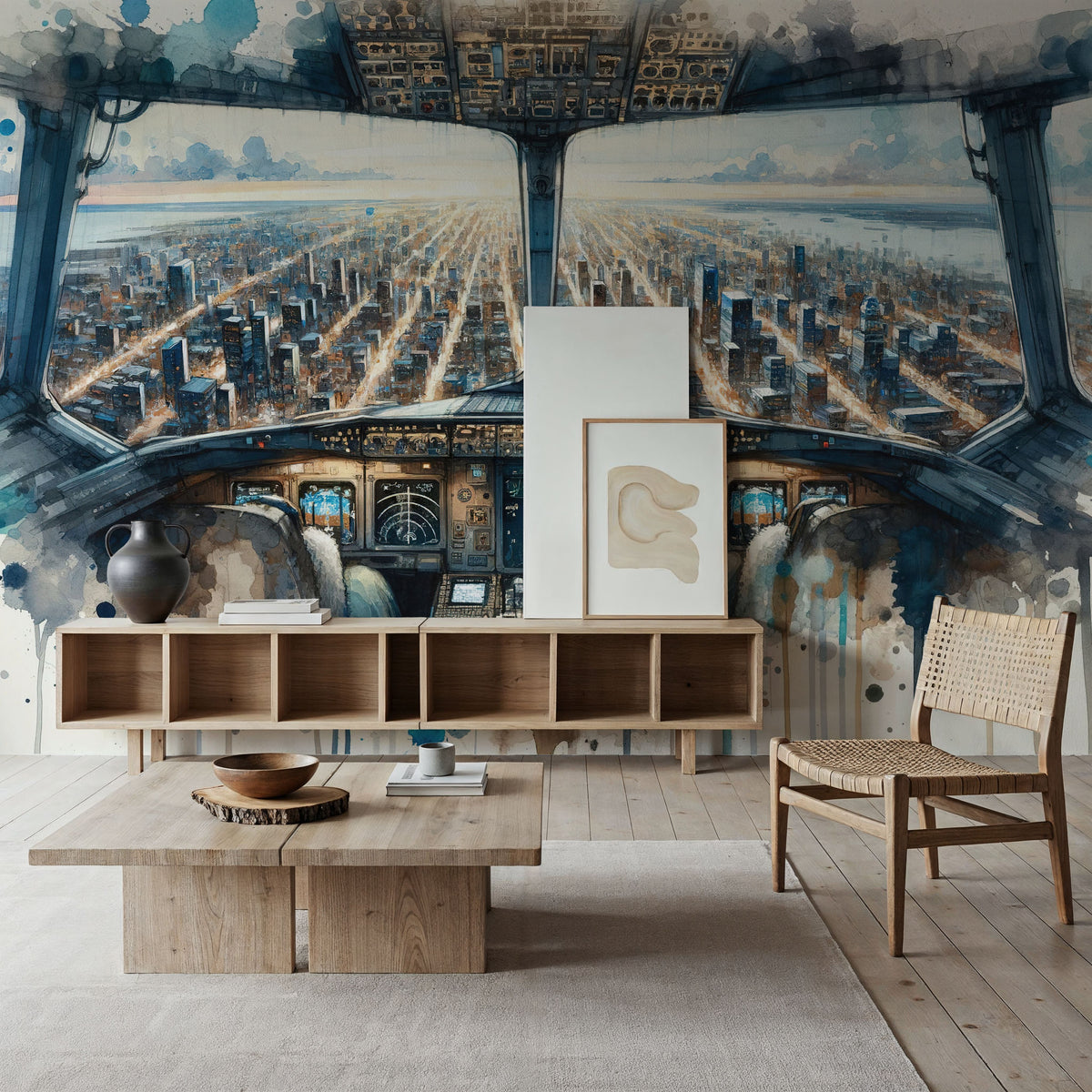 Cityscape From Airplane Cockpit Mural Wallpaper - room preview 04