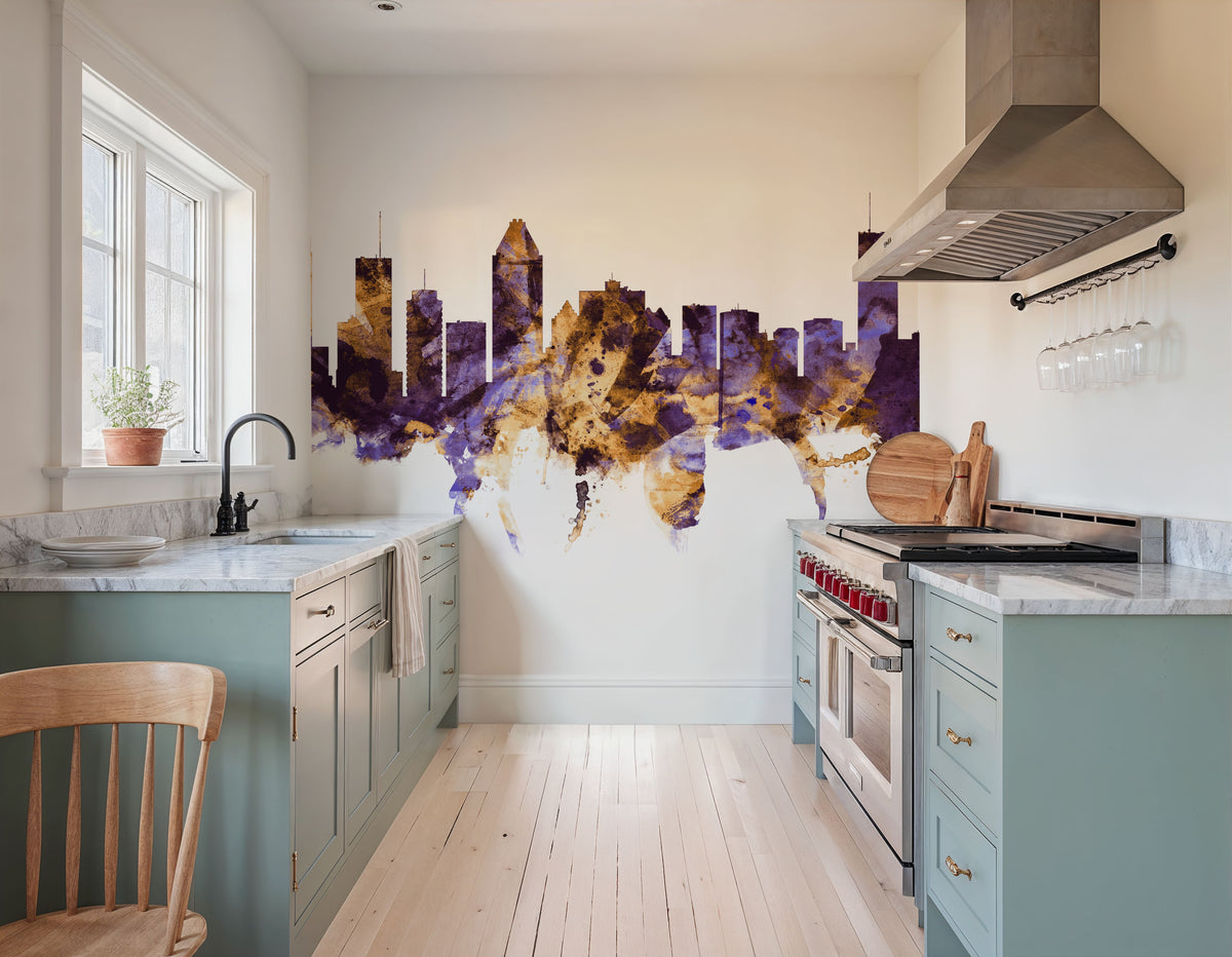 Montreal Canada Skyline Purple & Gold Mural Wallpaper - room preview 04