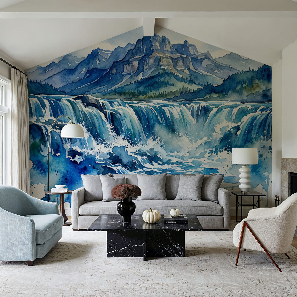 Nordic Waterfall - Watercolor Landscapes Series Mural Wallpaper - room preview 04