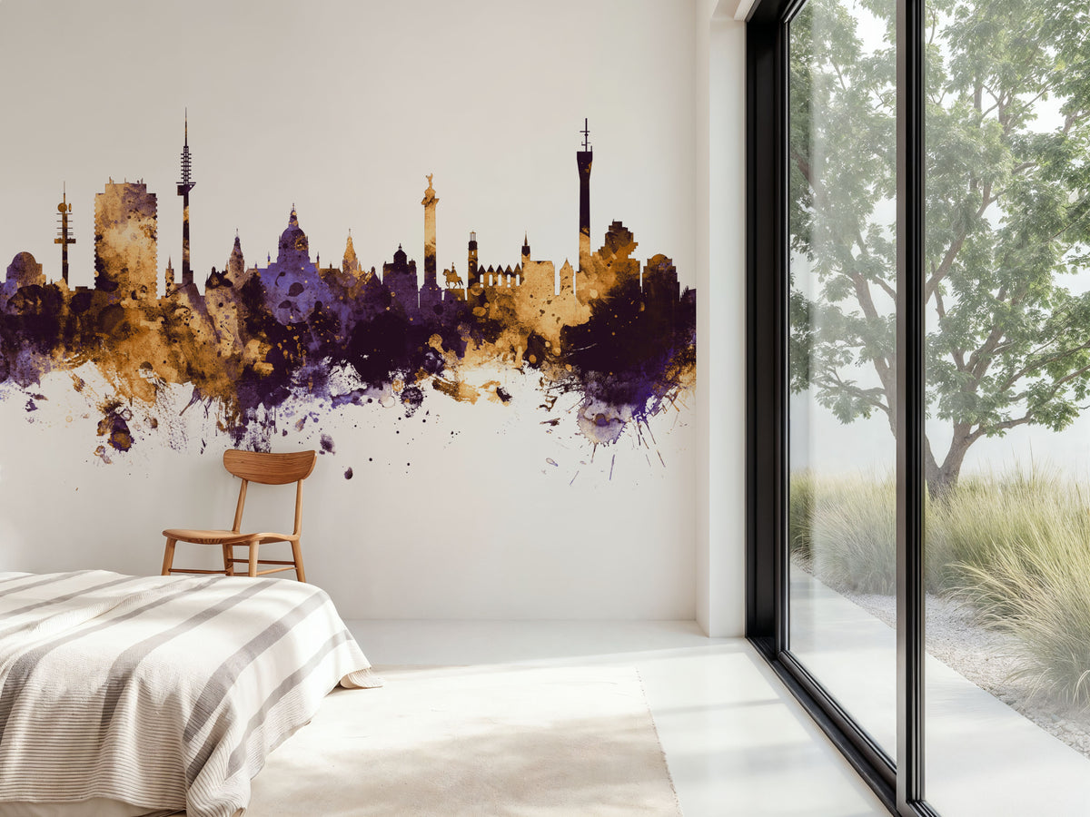 Hannover Germany Skyline Purple & Gold Mural Wallpaper - room preview 04