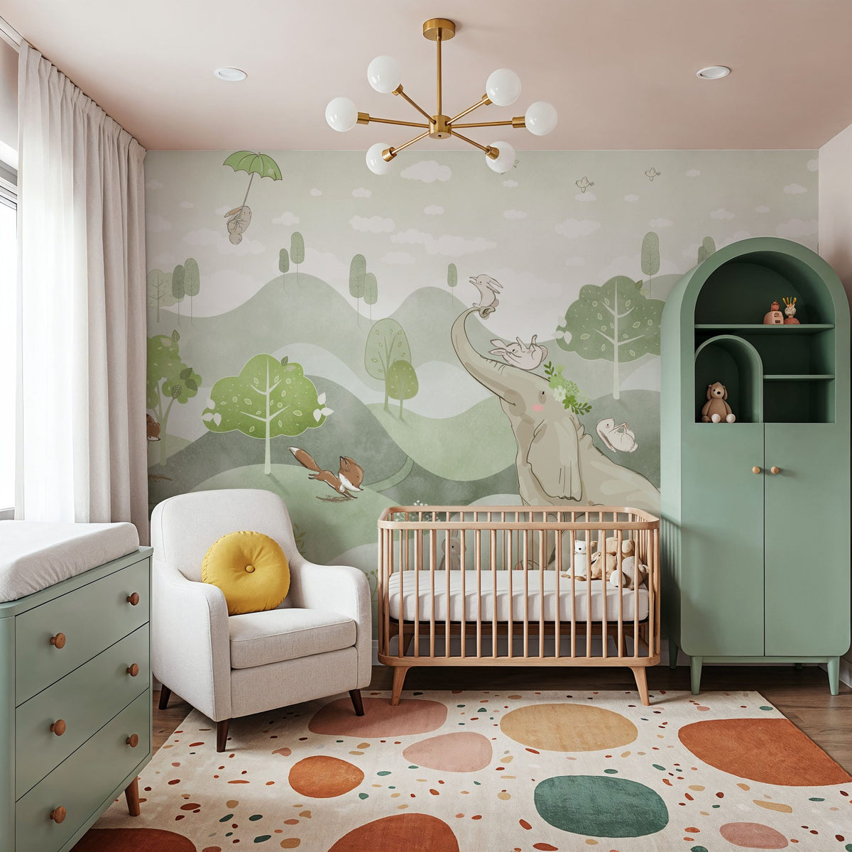 Dwellpaper Bunny Friends, Green Mural Wallpaper image 4