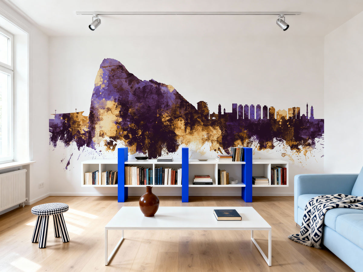 Gibraltar Skyline Purple & Gold Mural Wallpaper - room preview 04
