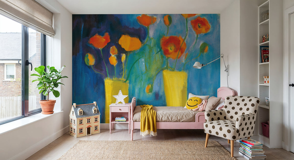 Cadmium Orange Poppies on Blue Mural Wallpaper - room preview 04
