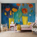 Cadmium Orange Poppies on Blue Mural Wallpaper - room preview 04