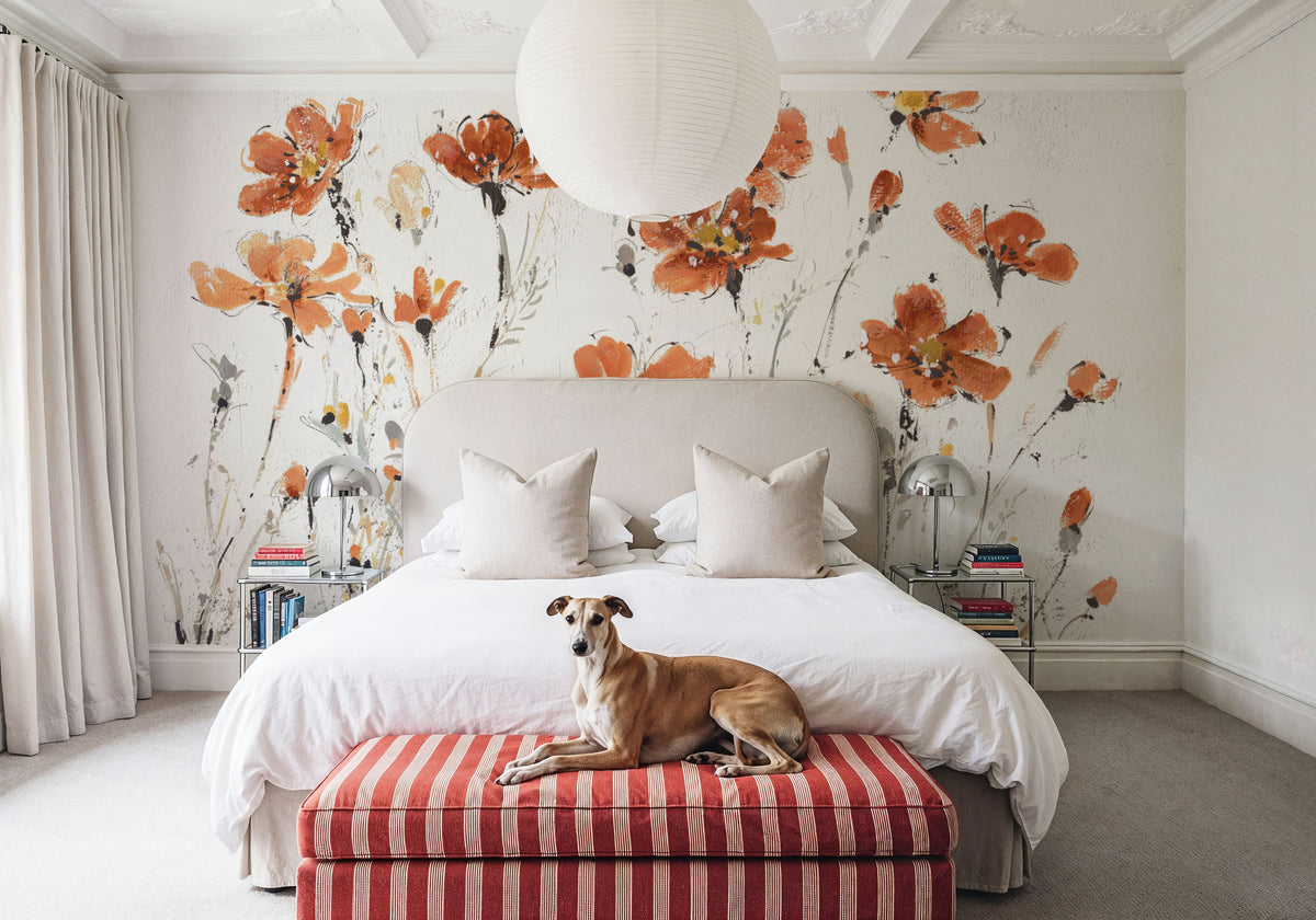 Wildflowers III Orange on White Mural Wallpaper - room preview 04