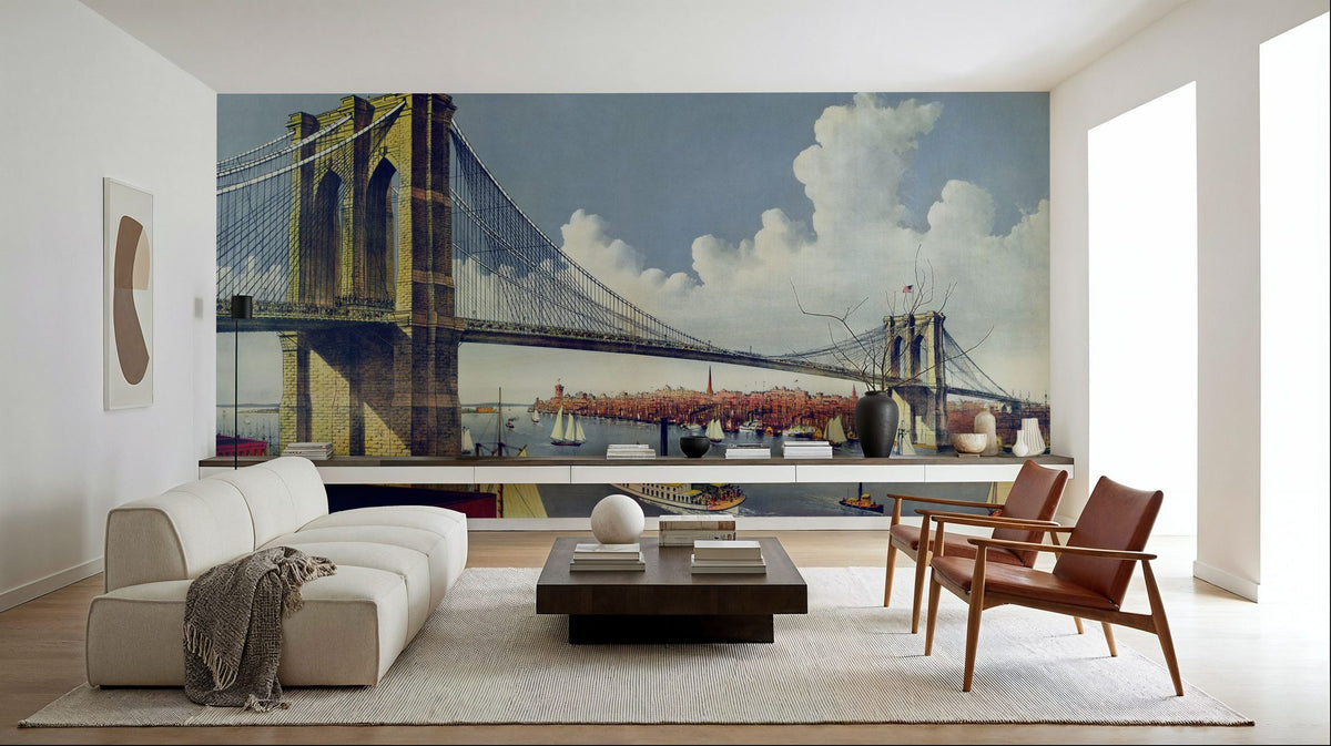 Vintage Illustration of East River Bridge, New York Mural Wallpaper - room preview 04