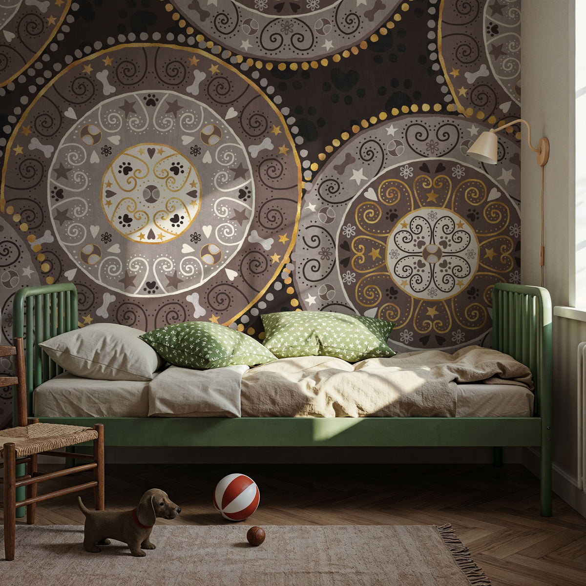 Otomi Dogs VI Dark Neutral Mural Wallpaper - room preview 04