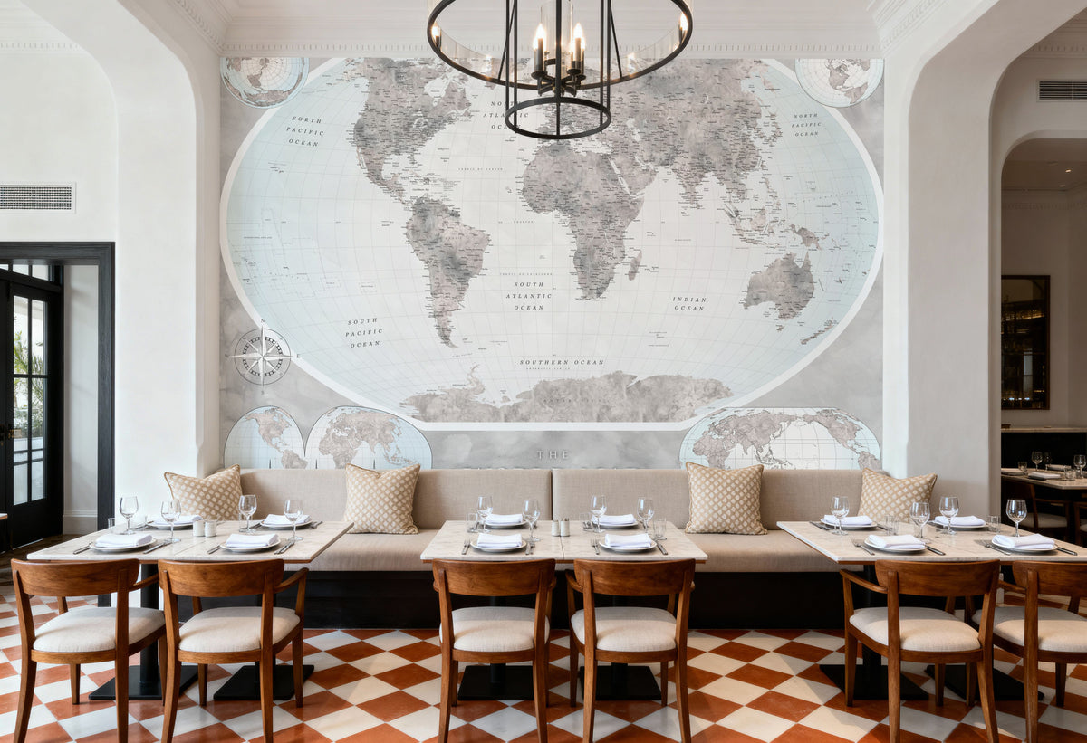 World Map Atlas Gray Mural Wallpaper - room preview 04