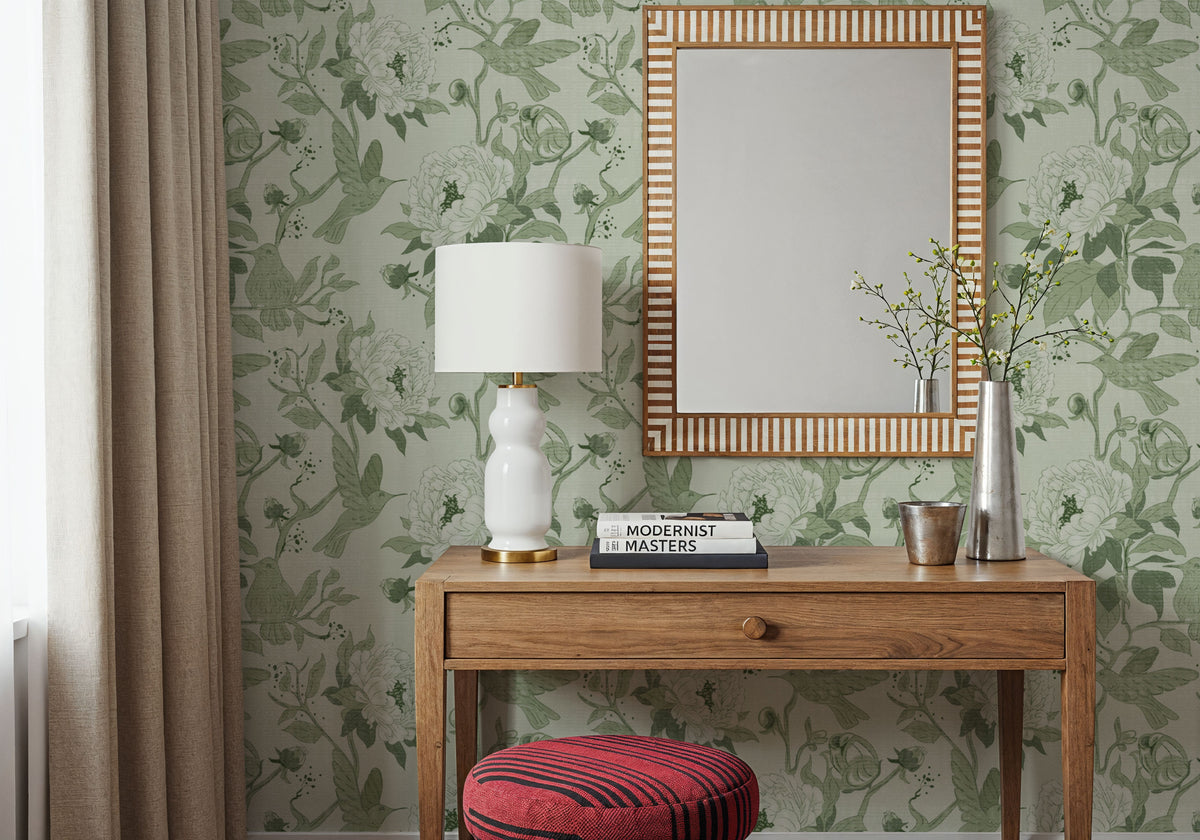 Peony Toile, Fresh Green Mural Wallpaper - room preview 04