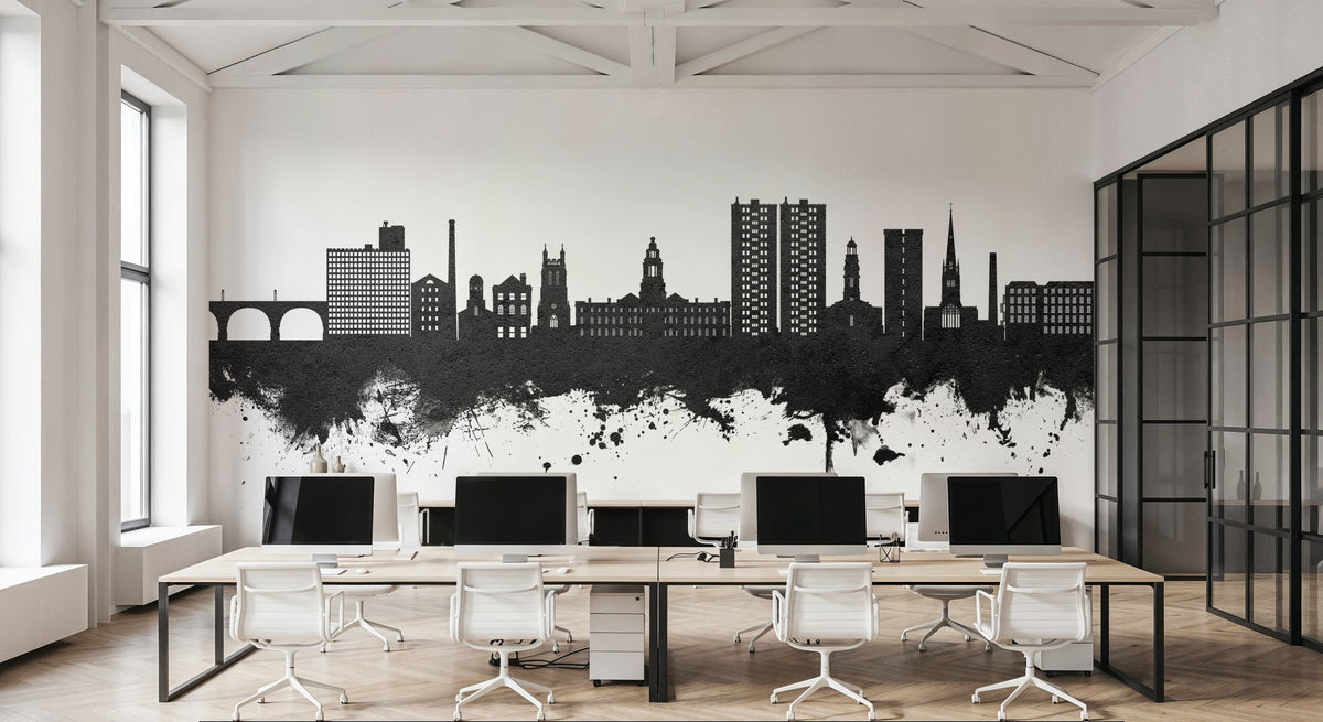 Stockport England Skyline Black & White Mural Wallpaper - room preview 04