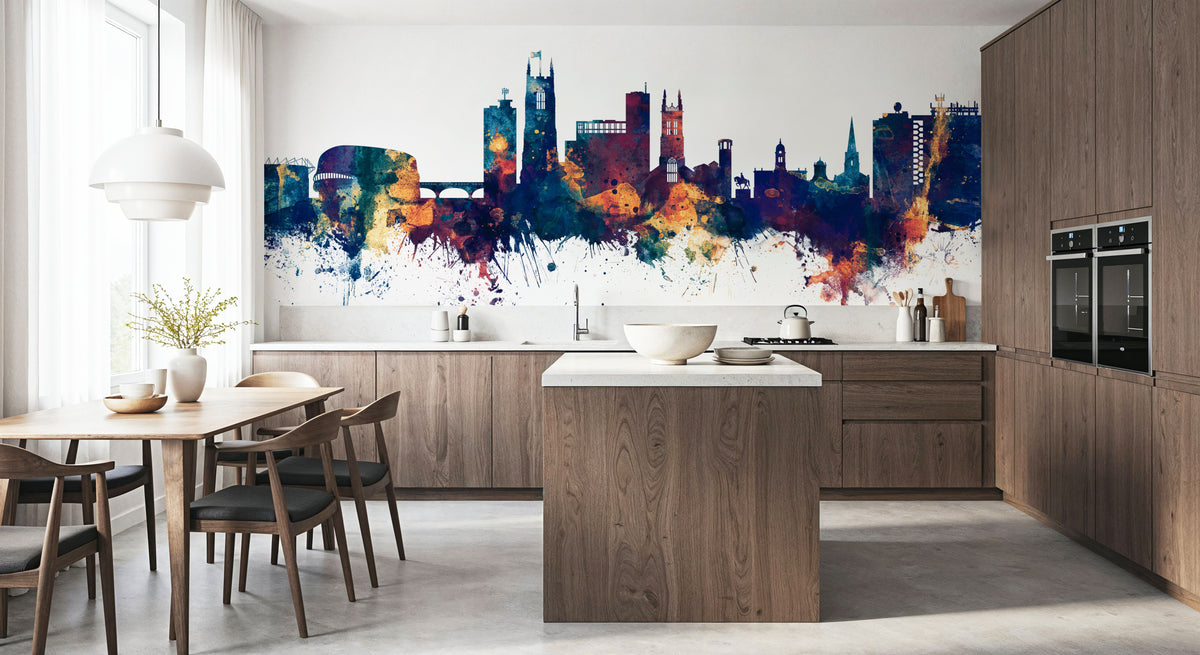 Derby England Skyline Blue & Bronze Mural Wallpaper - room preview 04