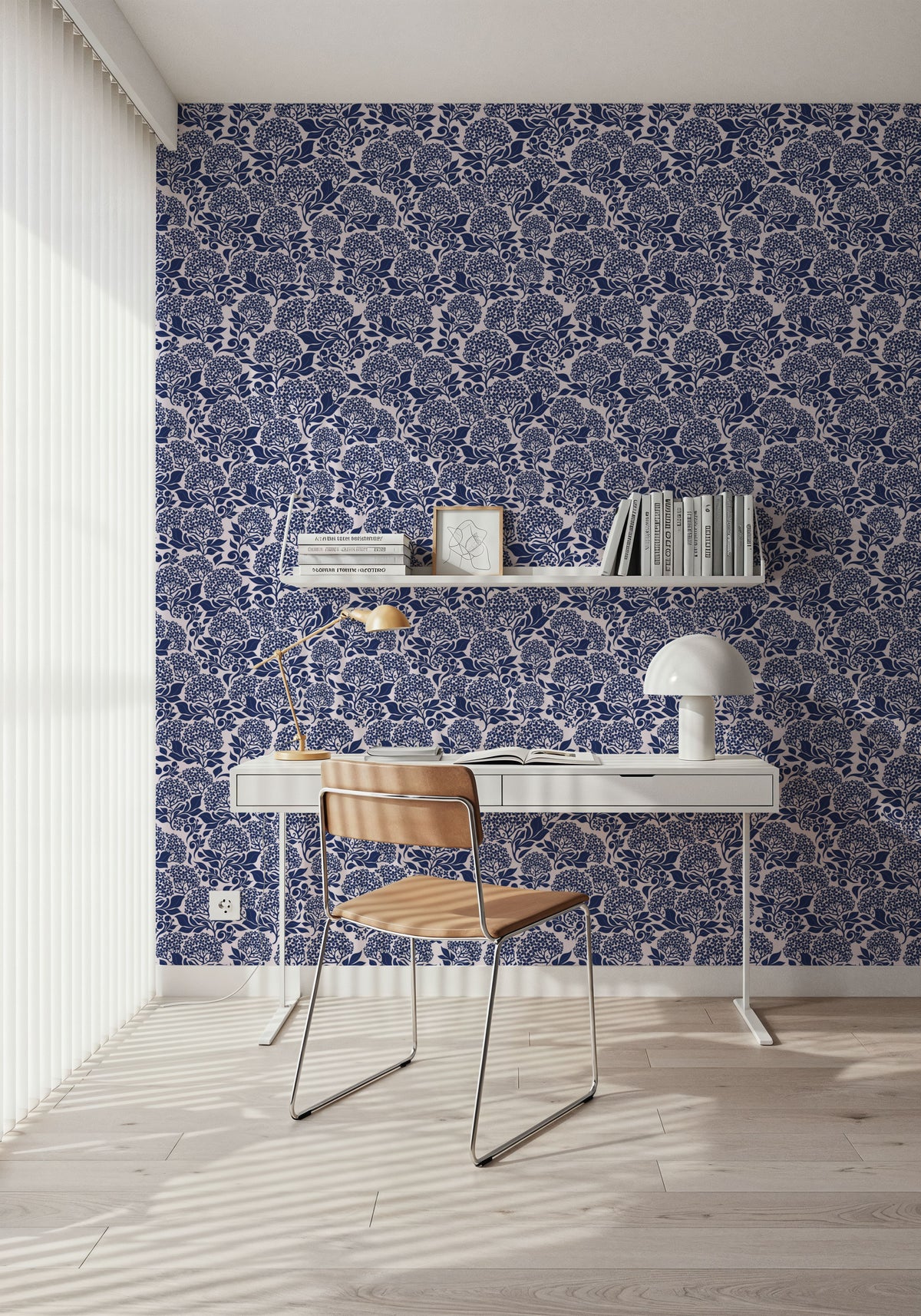 Hydrangea, Navy on Cream Mural Wallpaper - room preview 04