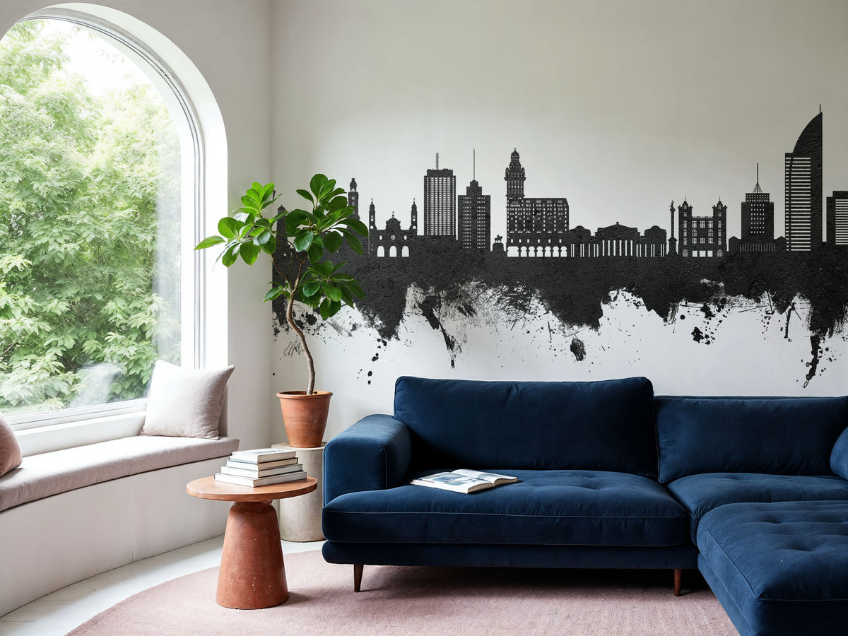 Montevideo Uruguay Skyline Black & White Mural Wallpaper - room preview 04