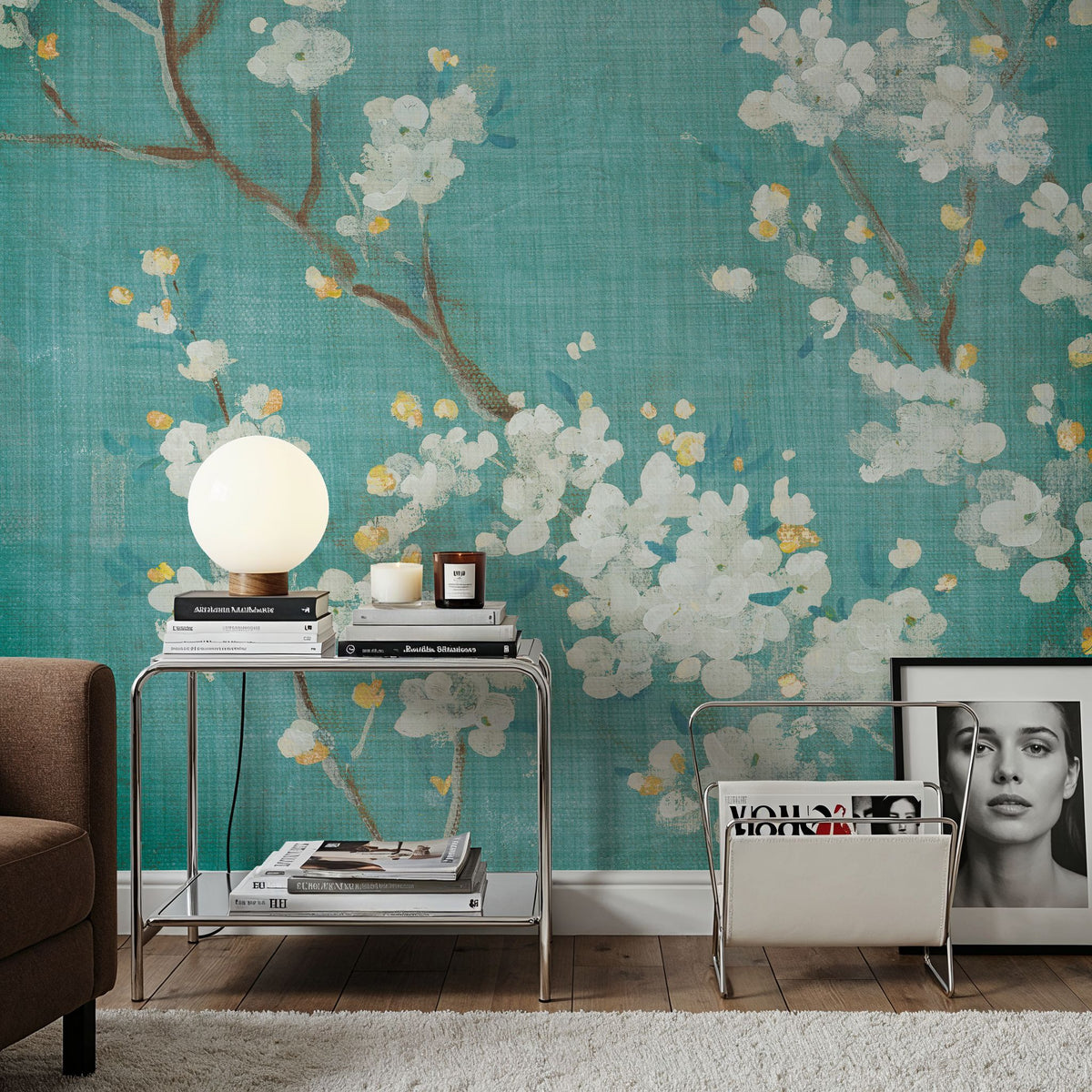 White Cherry Blossoms II on Blue Aged No Bird Mural Wallpaper - room preview 04
