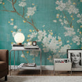 White Cherry Blossoms II on Blue Aged No Bird Mural Wallpaper - room preview 04