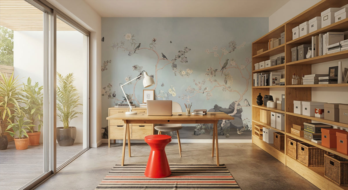 Birds in the Garden Light Blue Mural Wallpaper - room preview 04
