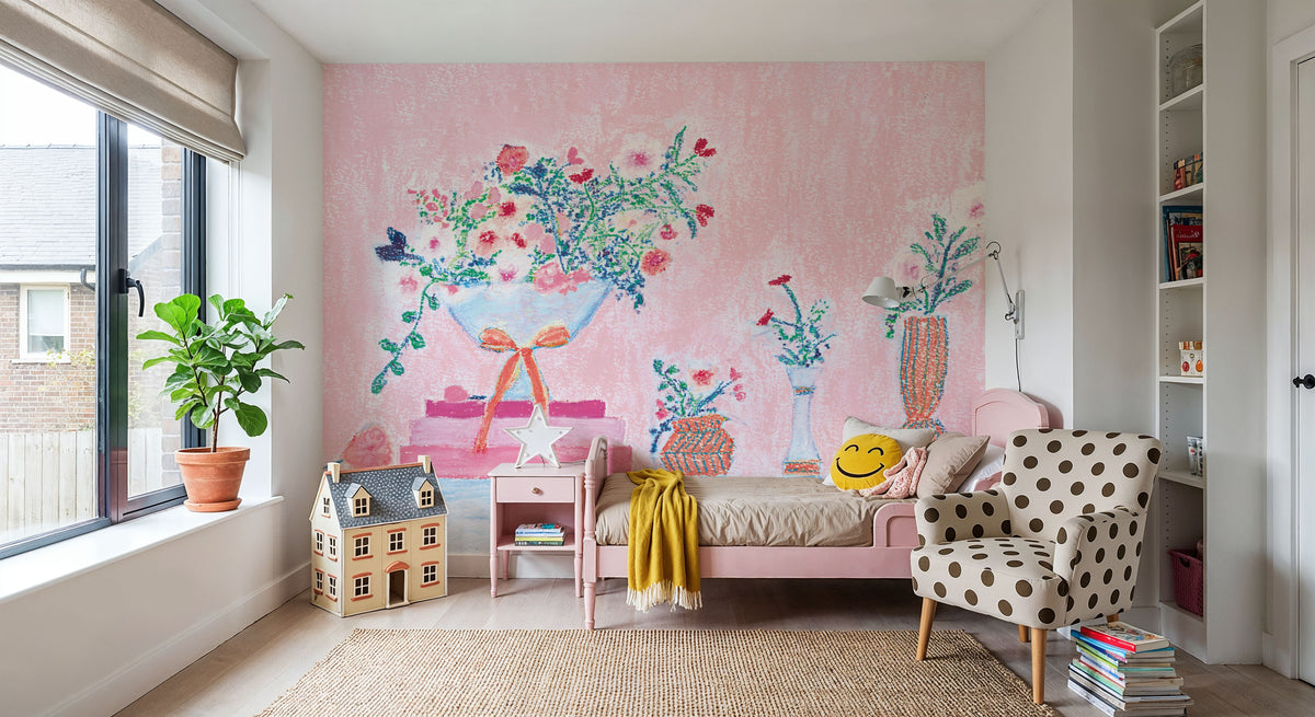 Flower Vases and Books Pink Mural Wallpaper - room preview 04