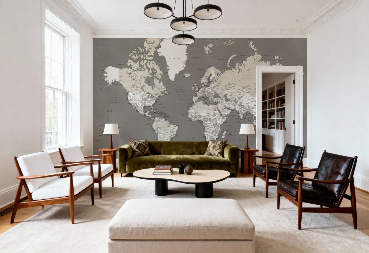World Map Cities - Earthy Mural Wallpaper - room preview 04