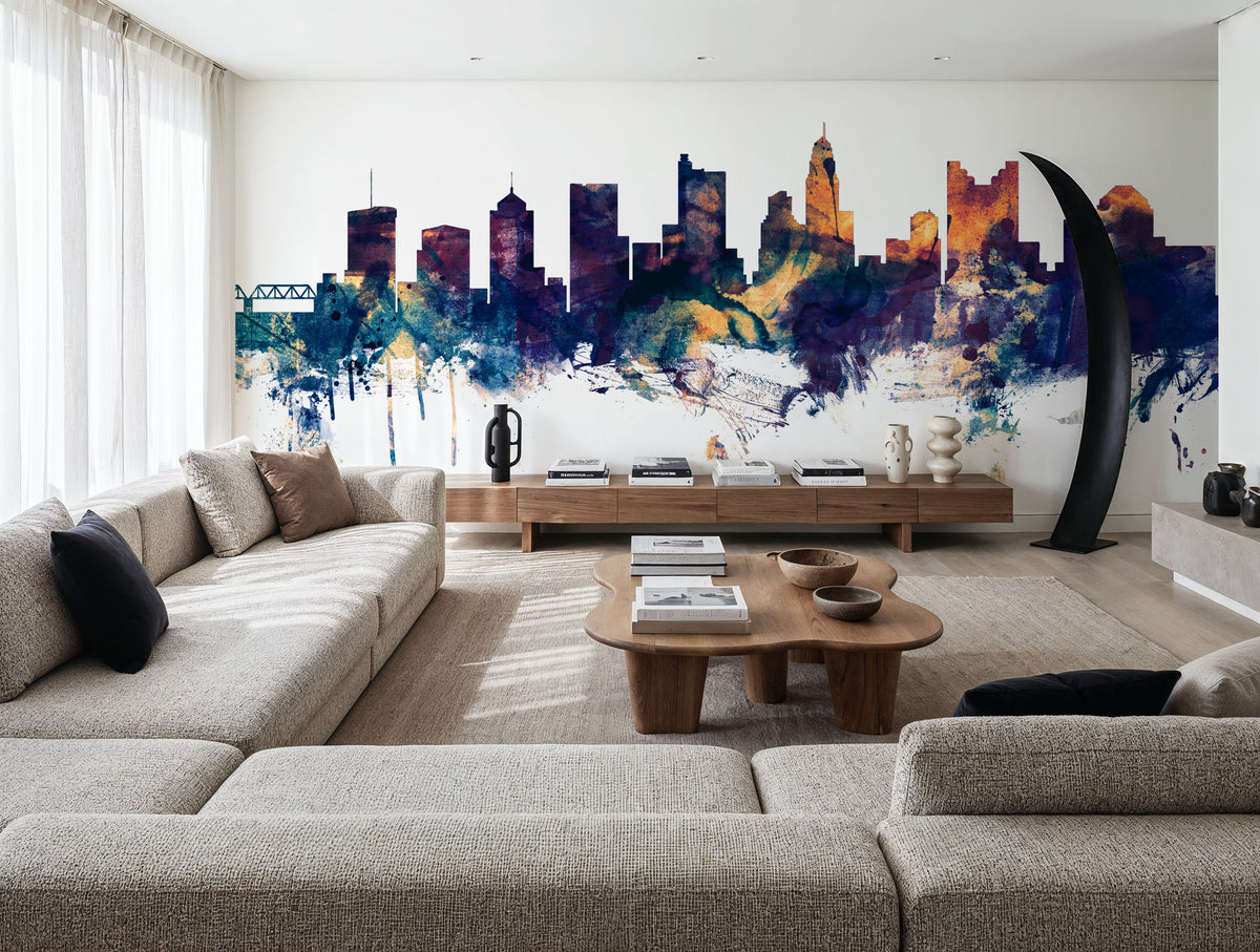 Columbus Ohio Skyline Blue & Bronze Mural Wallpaper - room preview 04