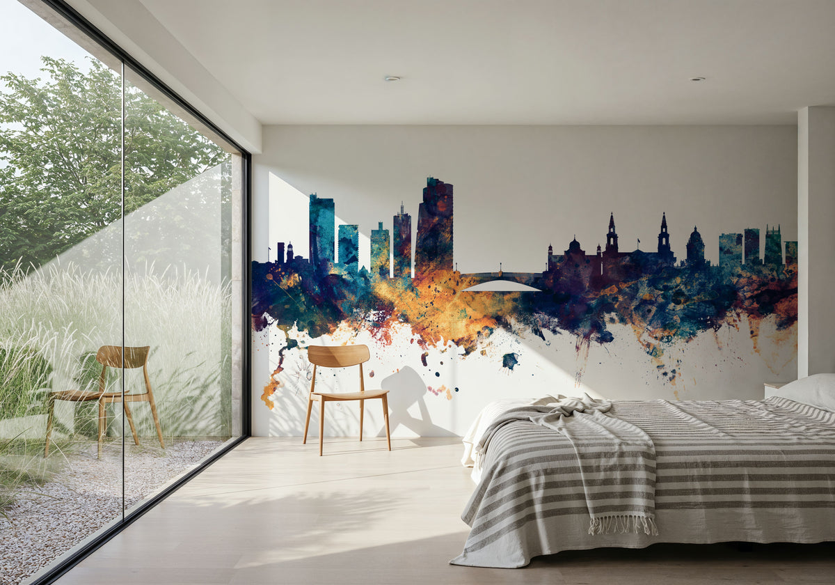 Leeds England Skyline Blue & Bronze Mural Wallpaper - room preview 04