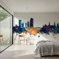 Leeds England Skyline Blue & Bronze Mural Wallpaper - room preview 04