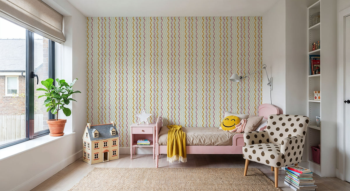 Wavy Stripes, Purple & Mustard Mural Wallpaper - room preview 04