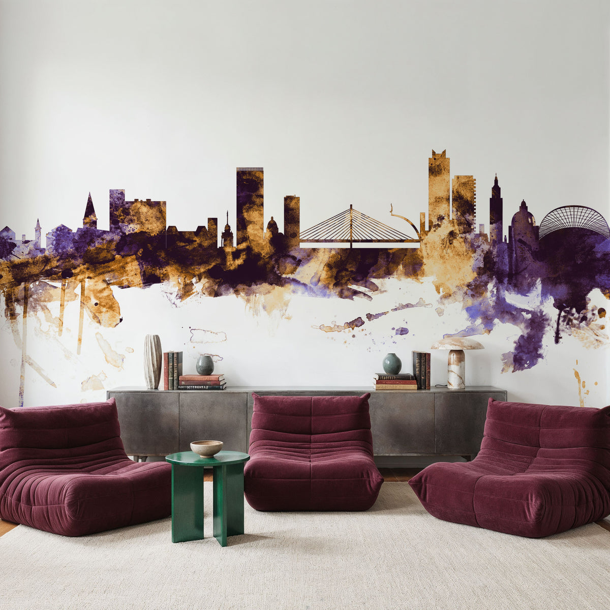 Liege Belgium Skyline Purple & Gold Mural Wallpaper - room preview 04