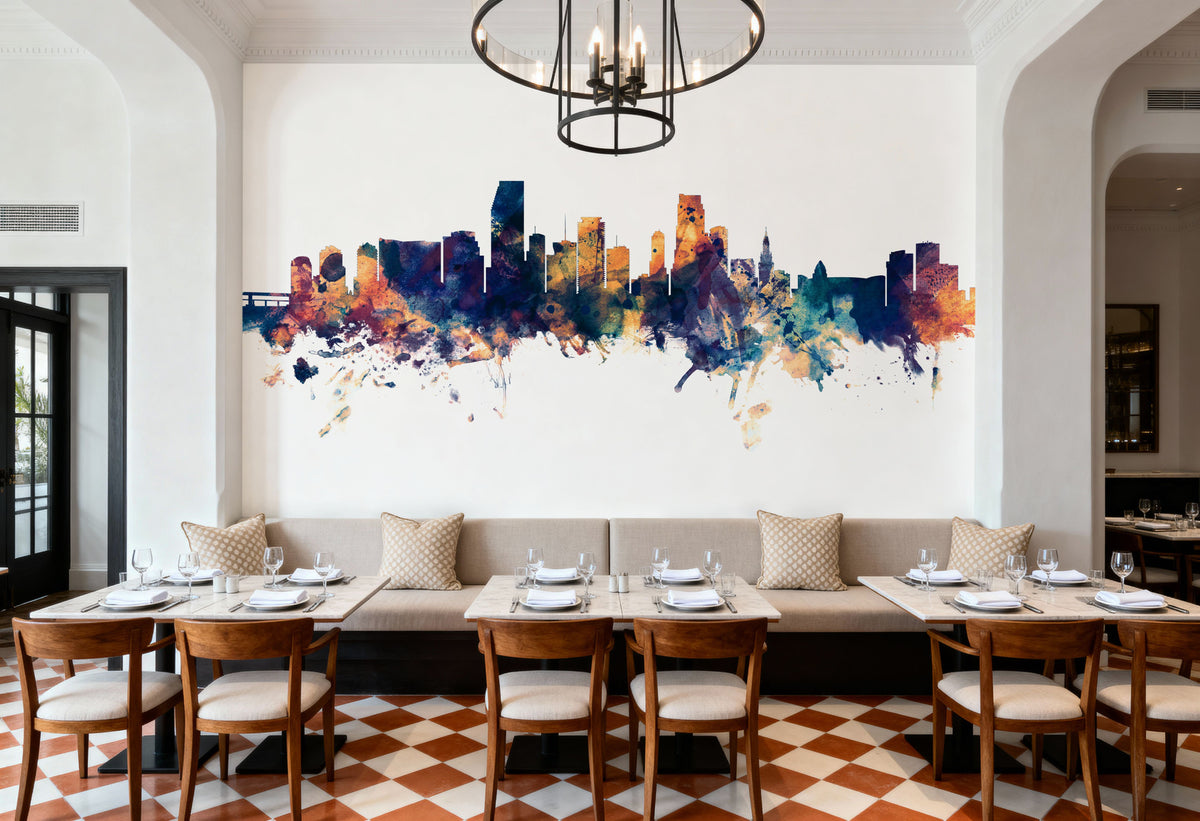 Miami Florida Skyline Blue & Bronze Mural Wallpaper - room preview 04